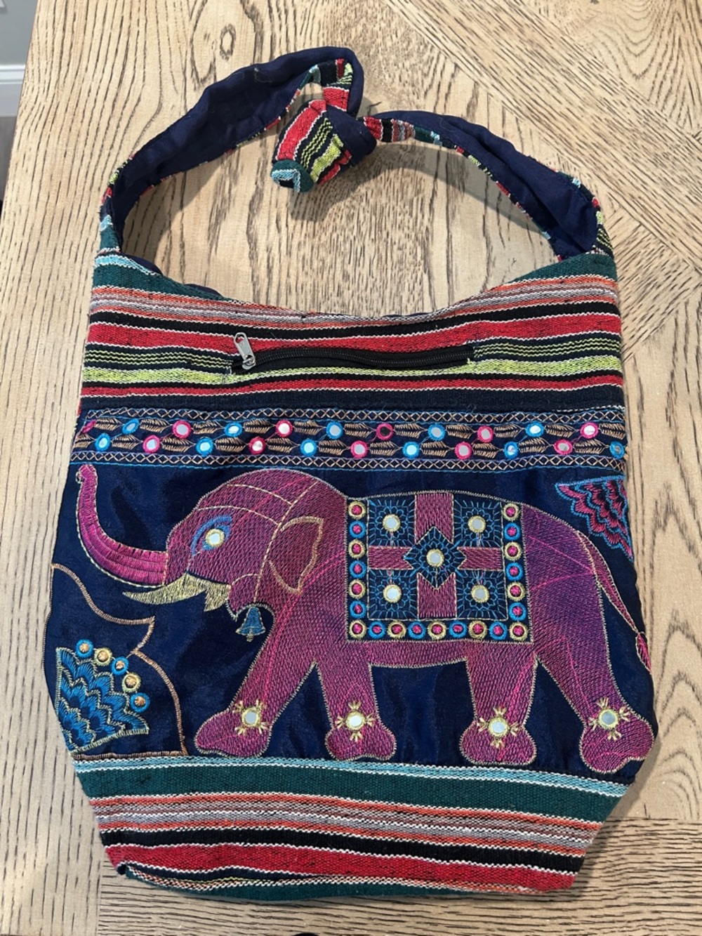 Bohemian Embroidered Elephant Crossbody Bag - Navy & Pink